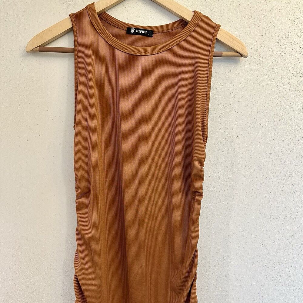 BTFBM Women Sleeveless Ruched Short Dress Side Drawstring, Sz S Brown